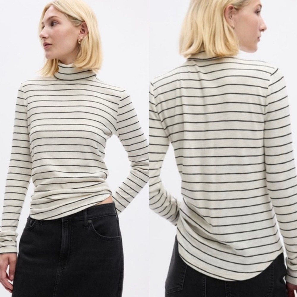 Gap Long Sleeve Canyon Rib Turtleneck‎ White Black Striped Plus Size XXL Preppy